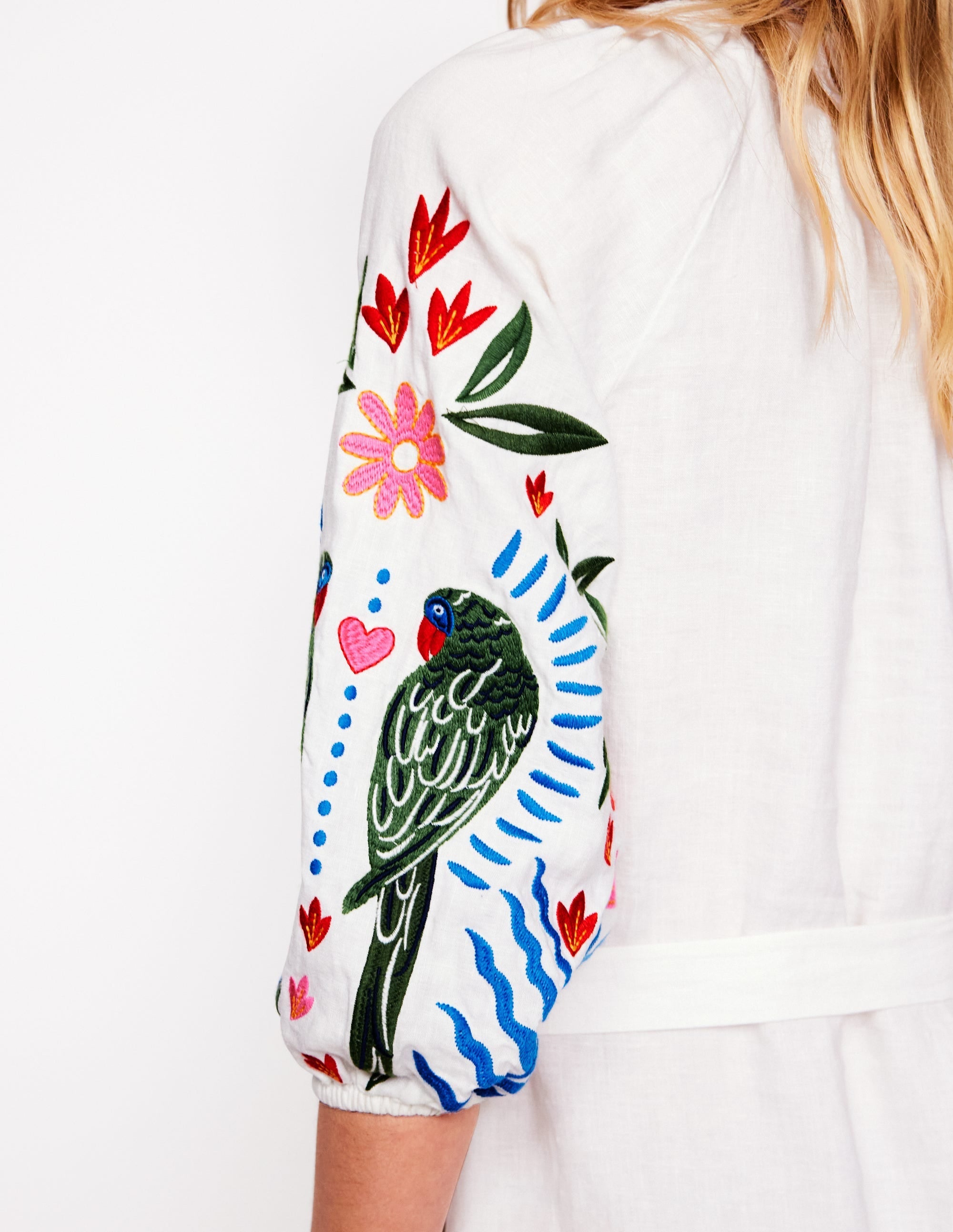 Embroidered Linen Tassel Dress-Ivory