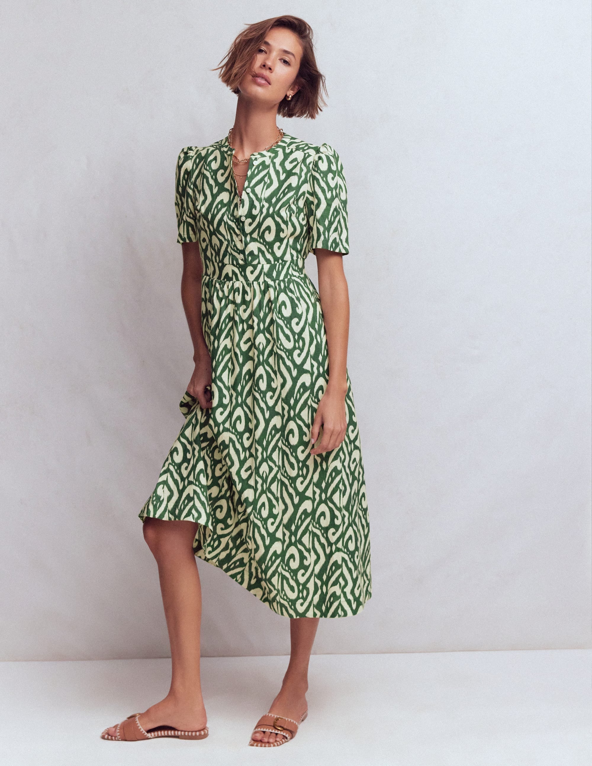 Ivy Placket Linen Midi Dress-Hunter Green Ikat