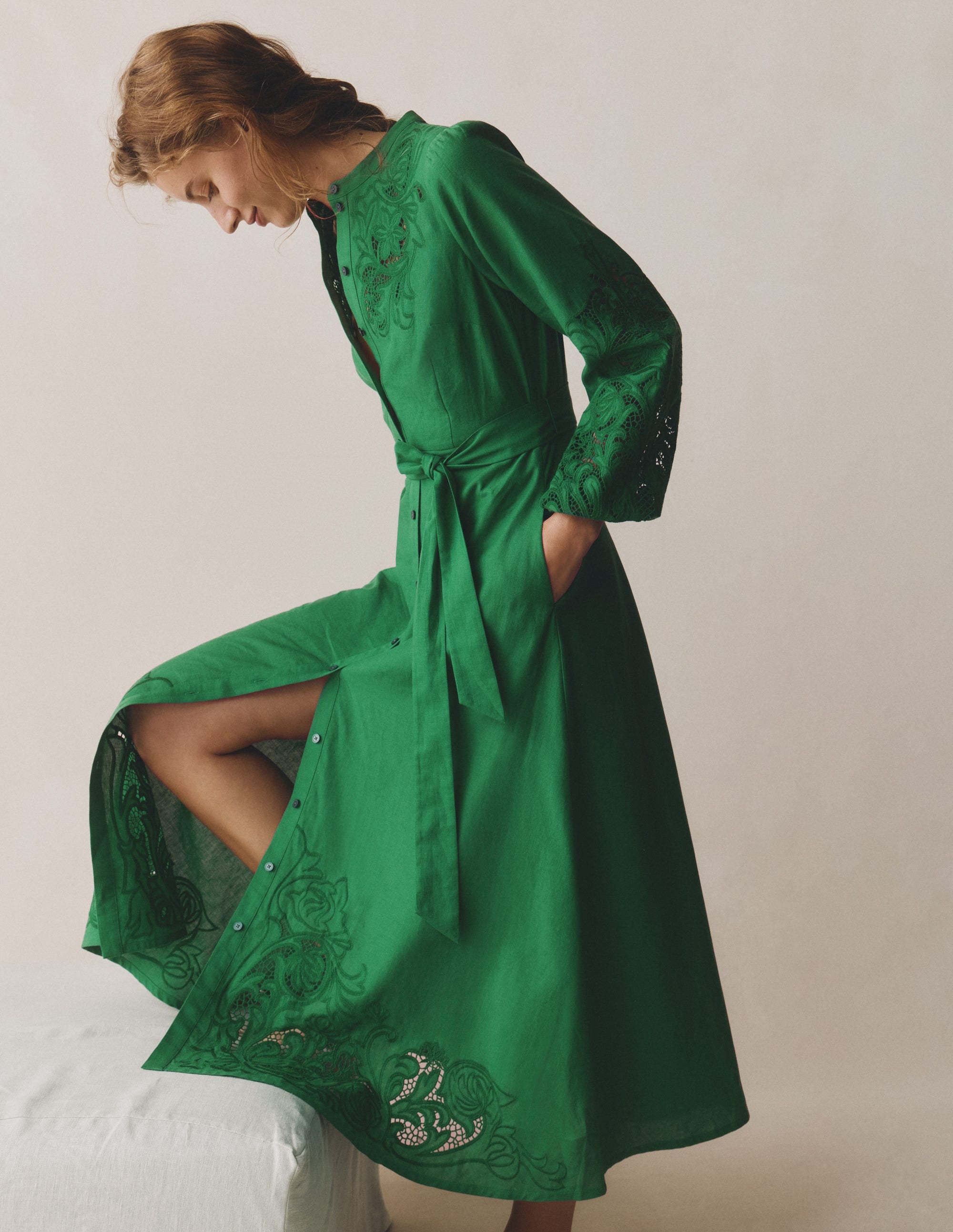 Mae Linen Blend Shirt Dress-Highland Green