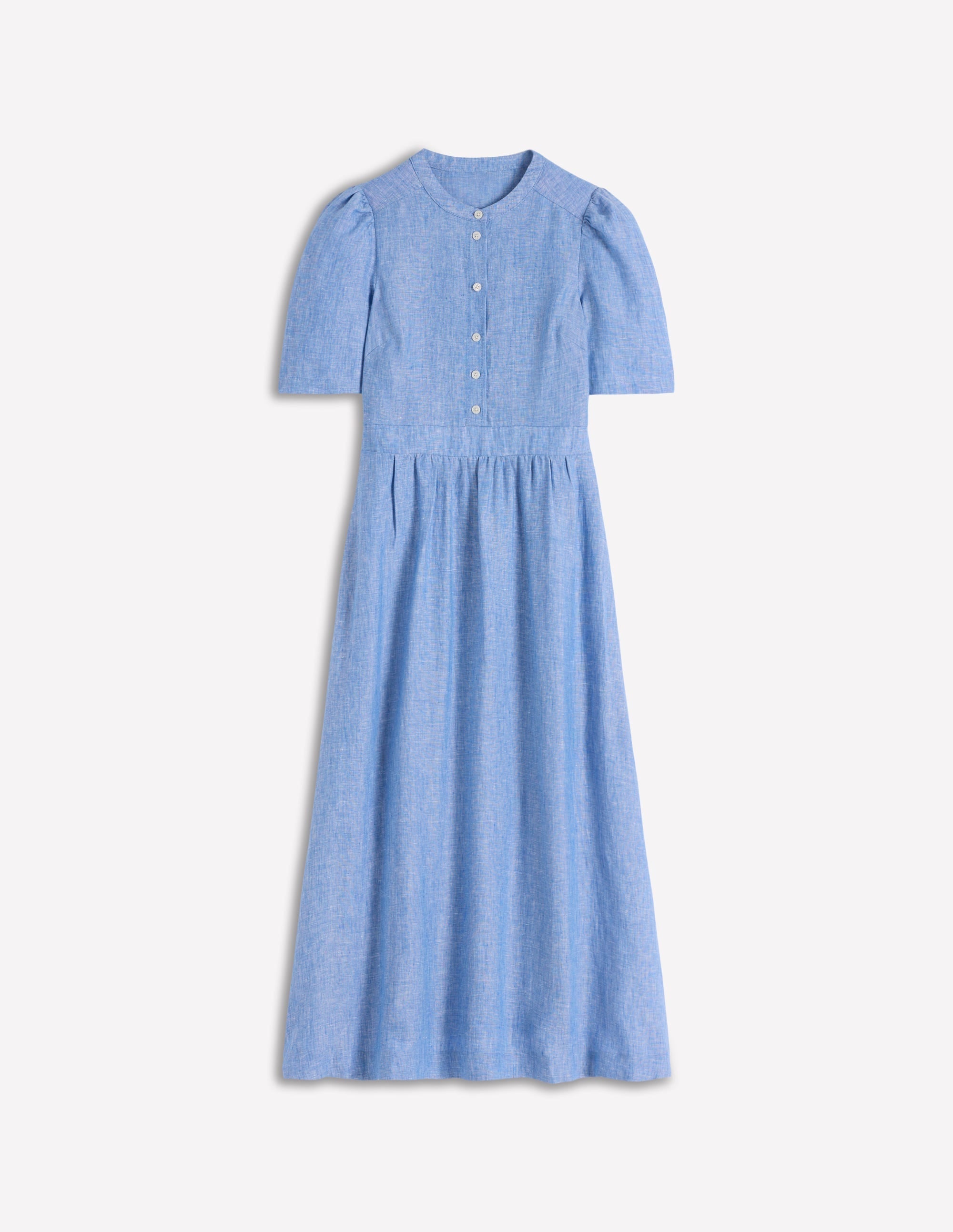 Ivy Placket Linen Midi Dress-Summer Blue Chambray
