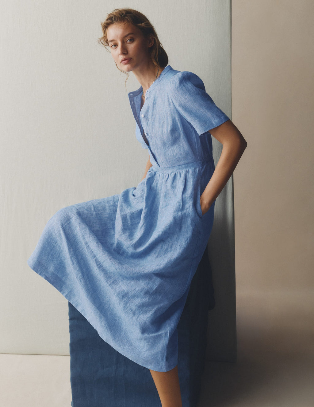 Ivy Placket Linen Midi Dress-Summer Blue Chambray