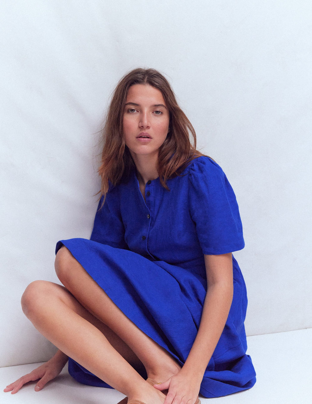Ivy Placket Linen Midi Dress-Bright Blue