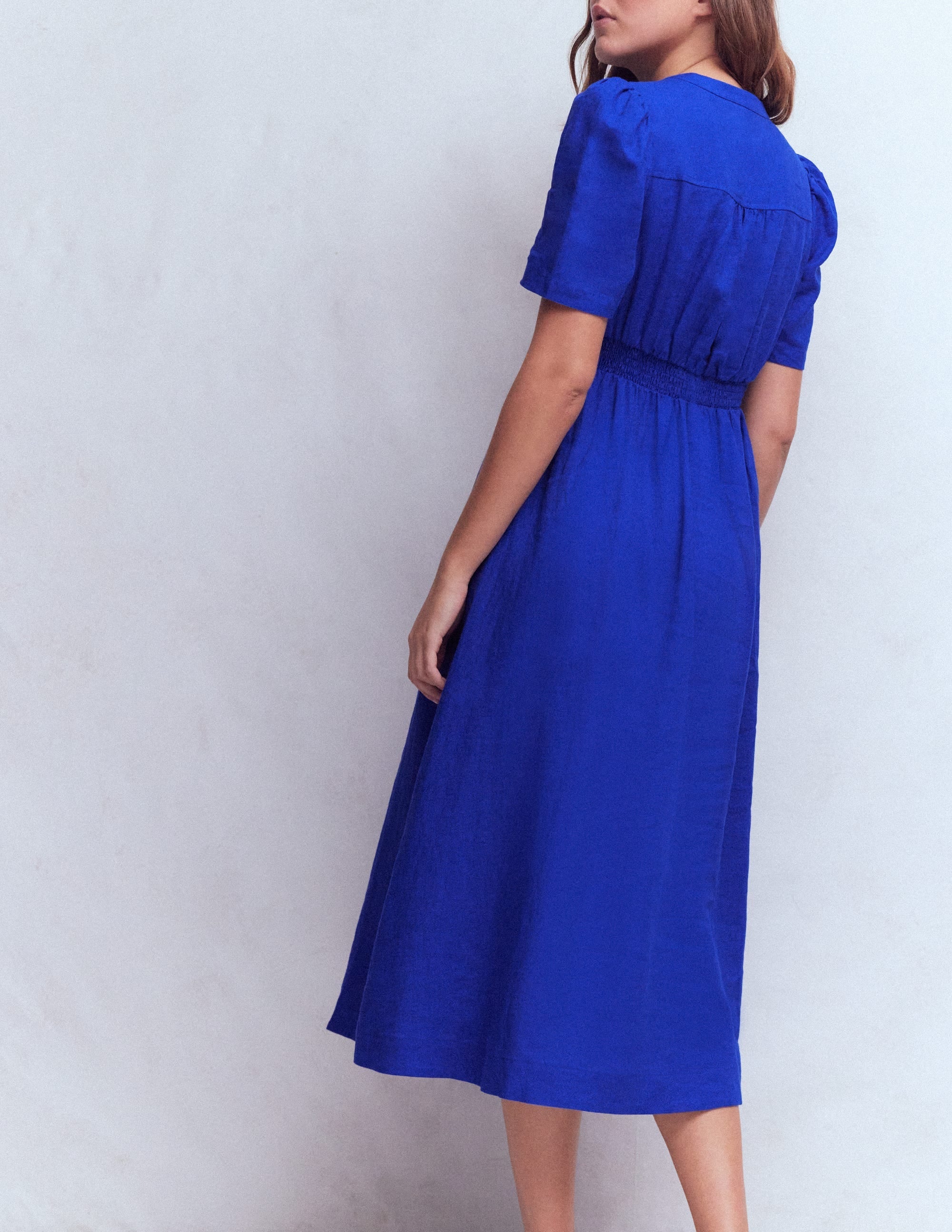 Ivy Placket Linen Midi Dress-Bright Blue