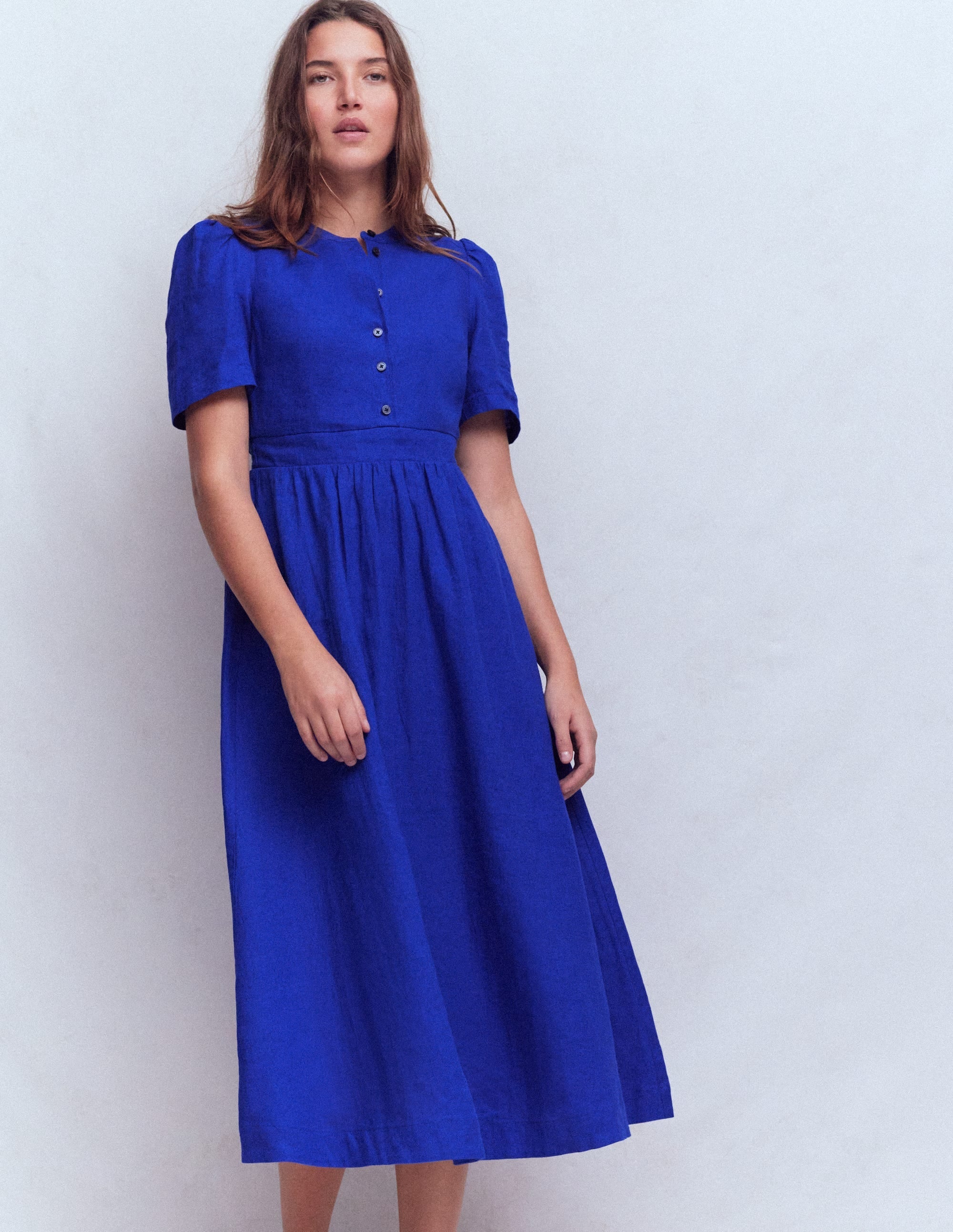 Ivy Placket Linen Midi Dress-Bright Blue