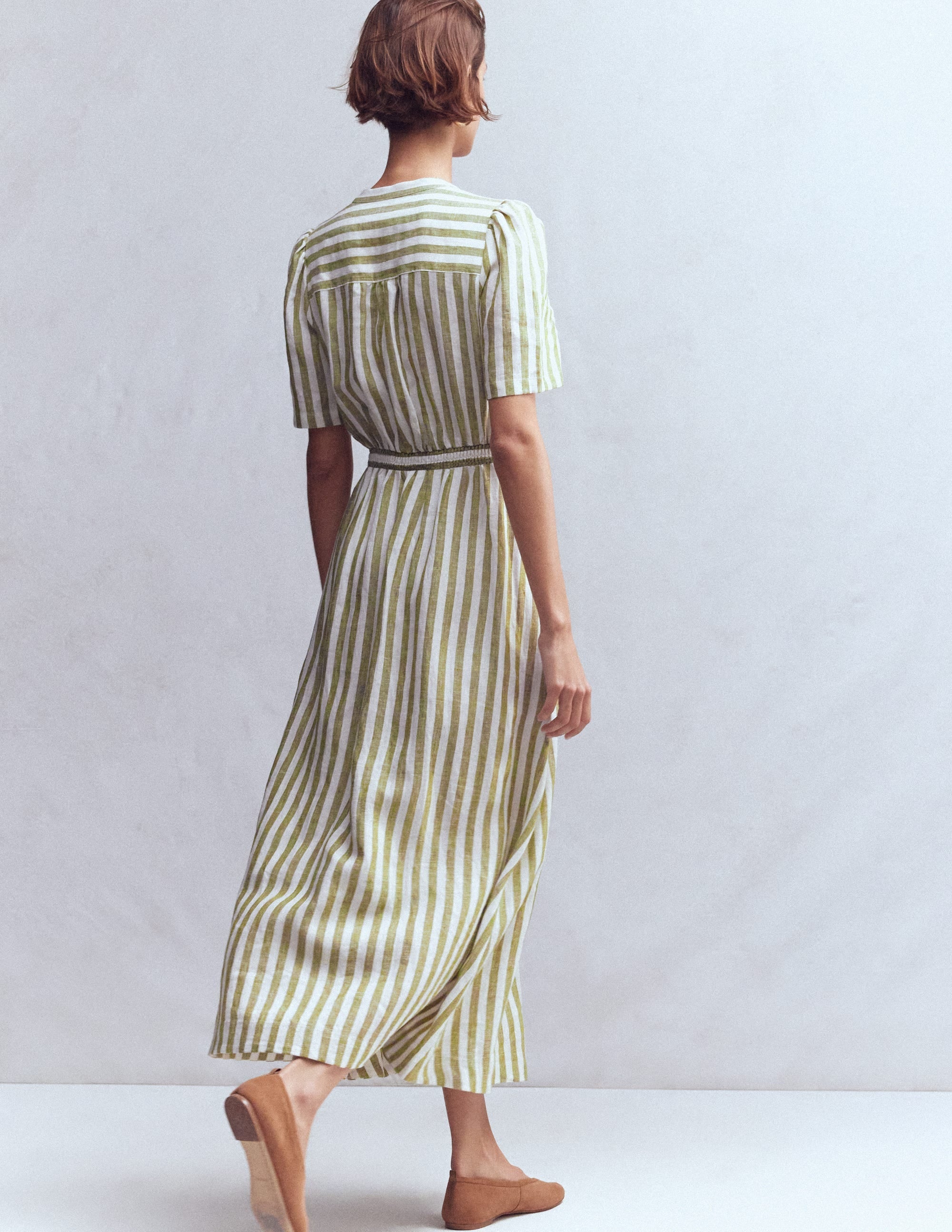 Ivy Placket Linen Midi Dress-Olive, Ivory Stripe