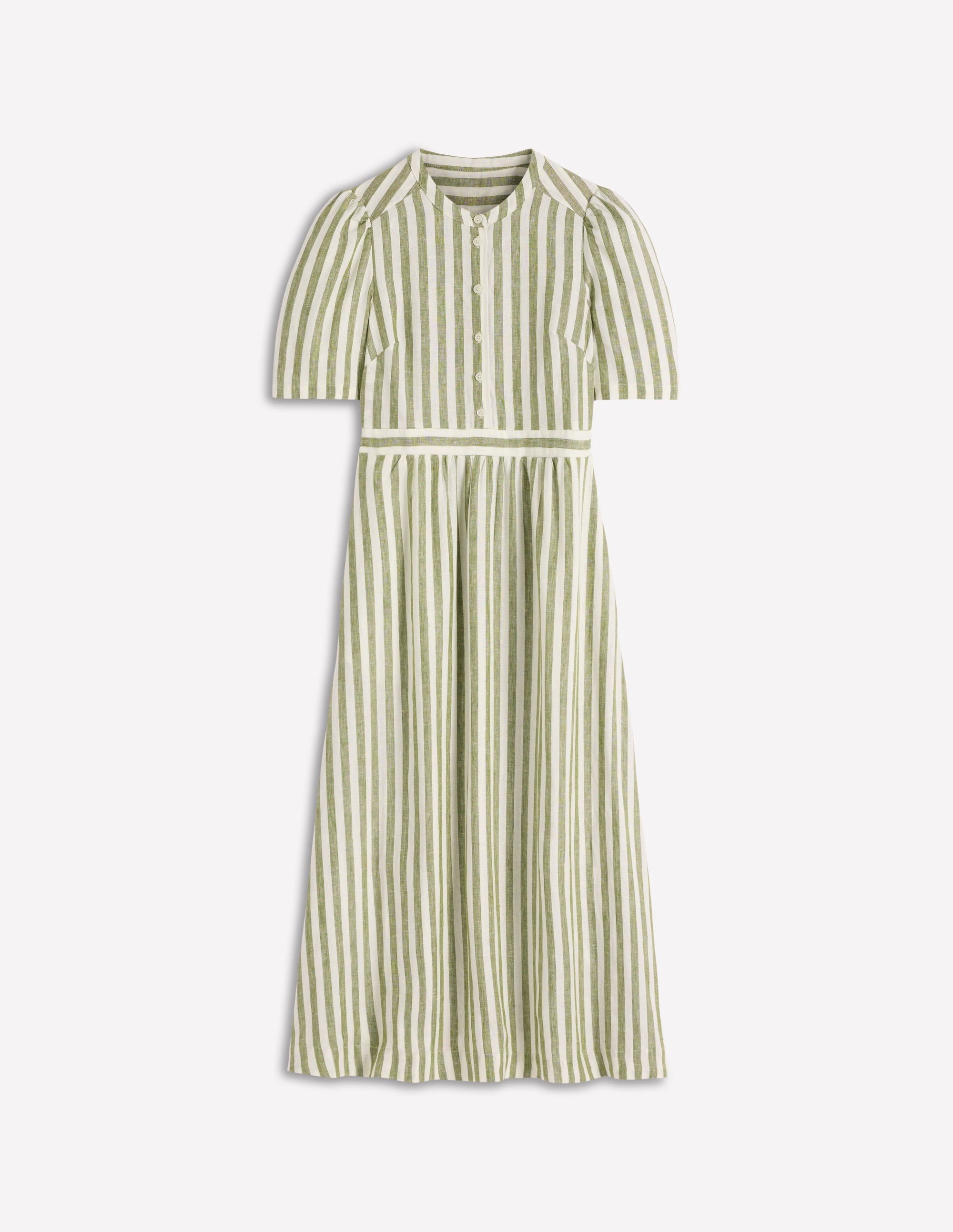 Ivy Placket Linen Midi Dress-Olive, Ivory Stripe