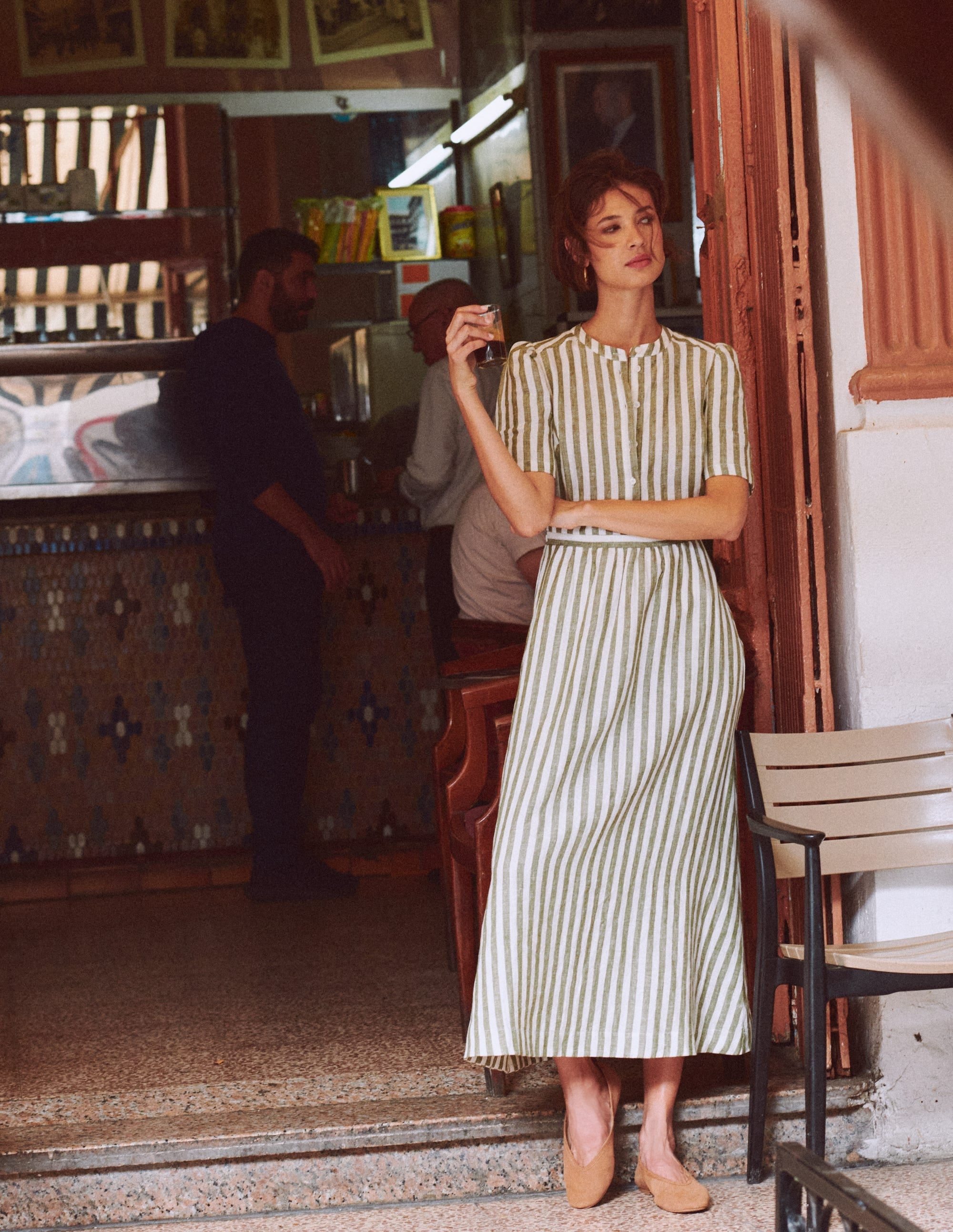 Ivy Placket Linen Midi Dress-Olive, Ivory Stripe