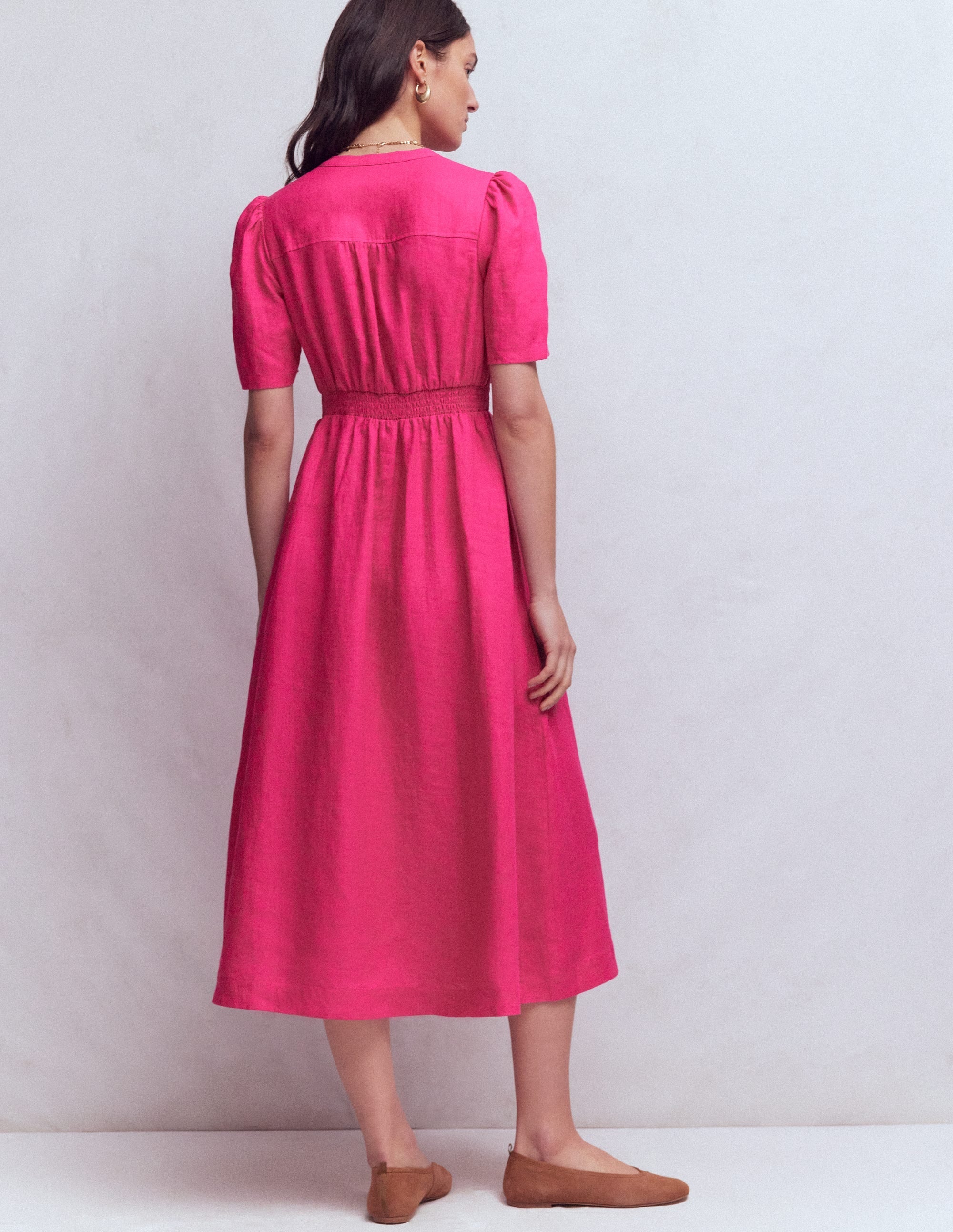 Ivy Placket Linen Midi Dress-Pink Peony