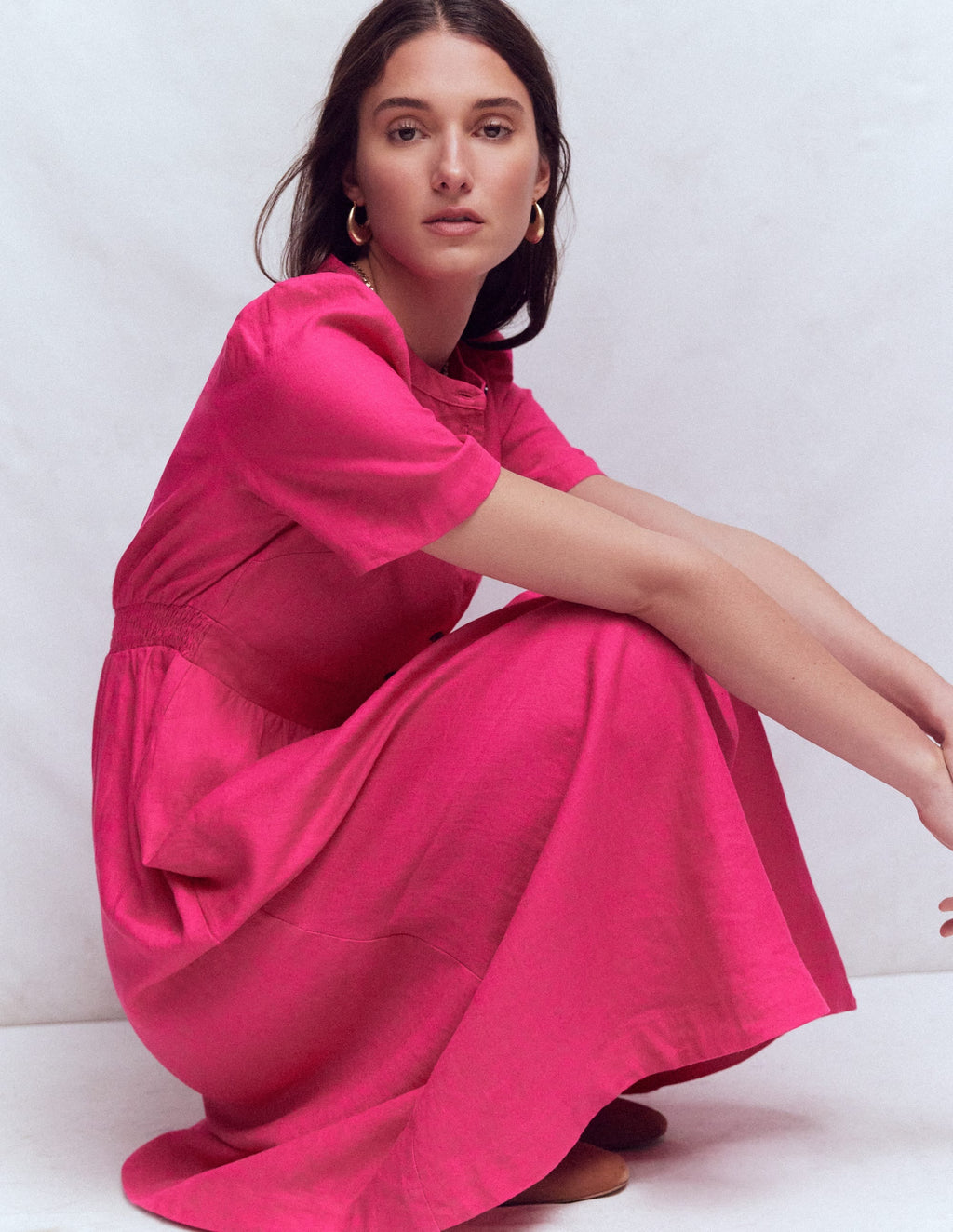 Ivy Placket Linen Midi Dress-Pink Peony