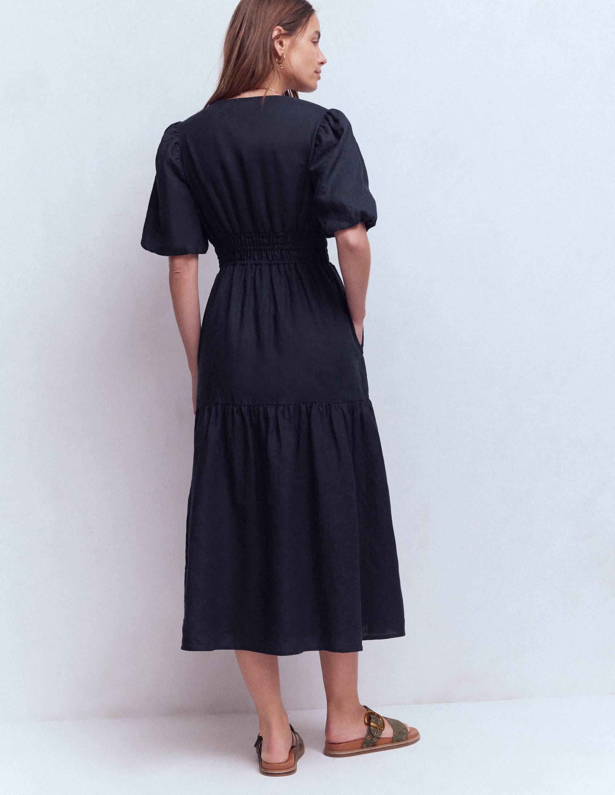 Irene Linen Midi Dress-Navy