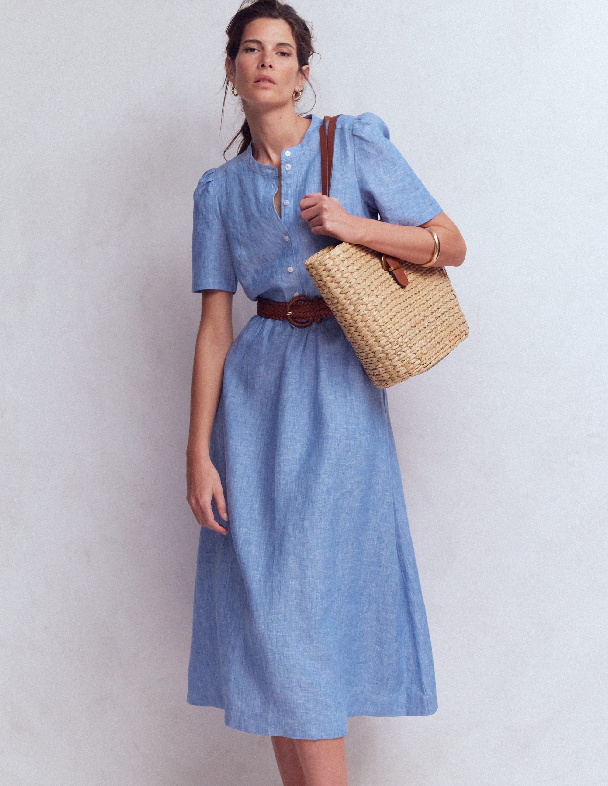 Ivy Placket Linen Midi Dress-Summer Blue Chambray