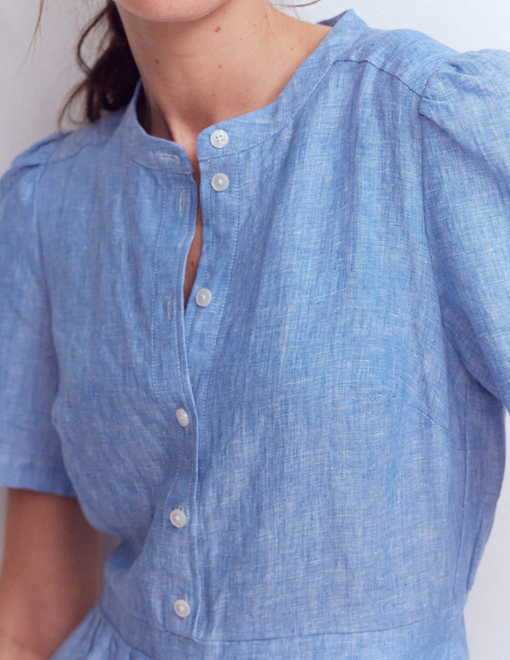 Ivy Placket Linen Midi Dress-Summer Blue Chambray