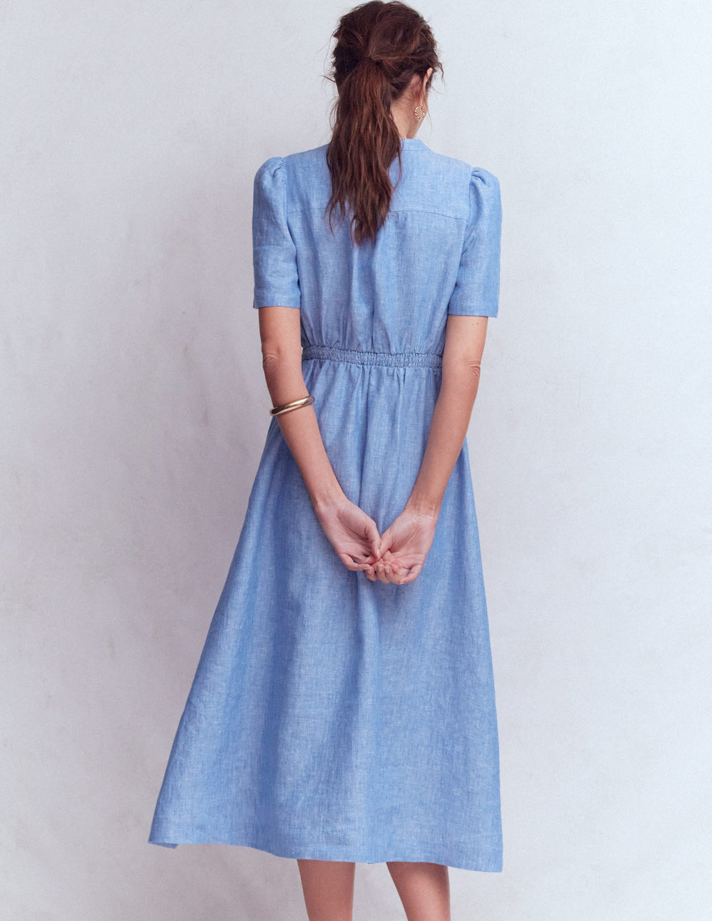 Ivy Placket Linen Midi Dress-Summer Blue Chambray