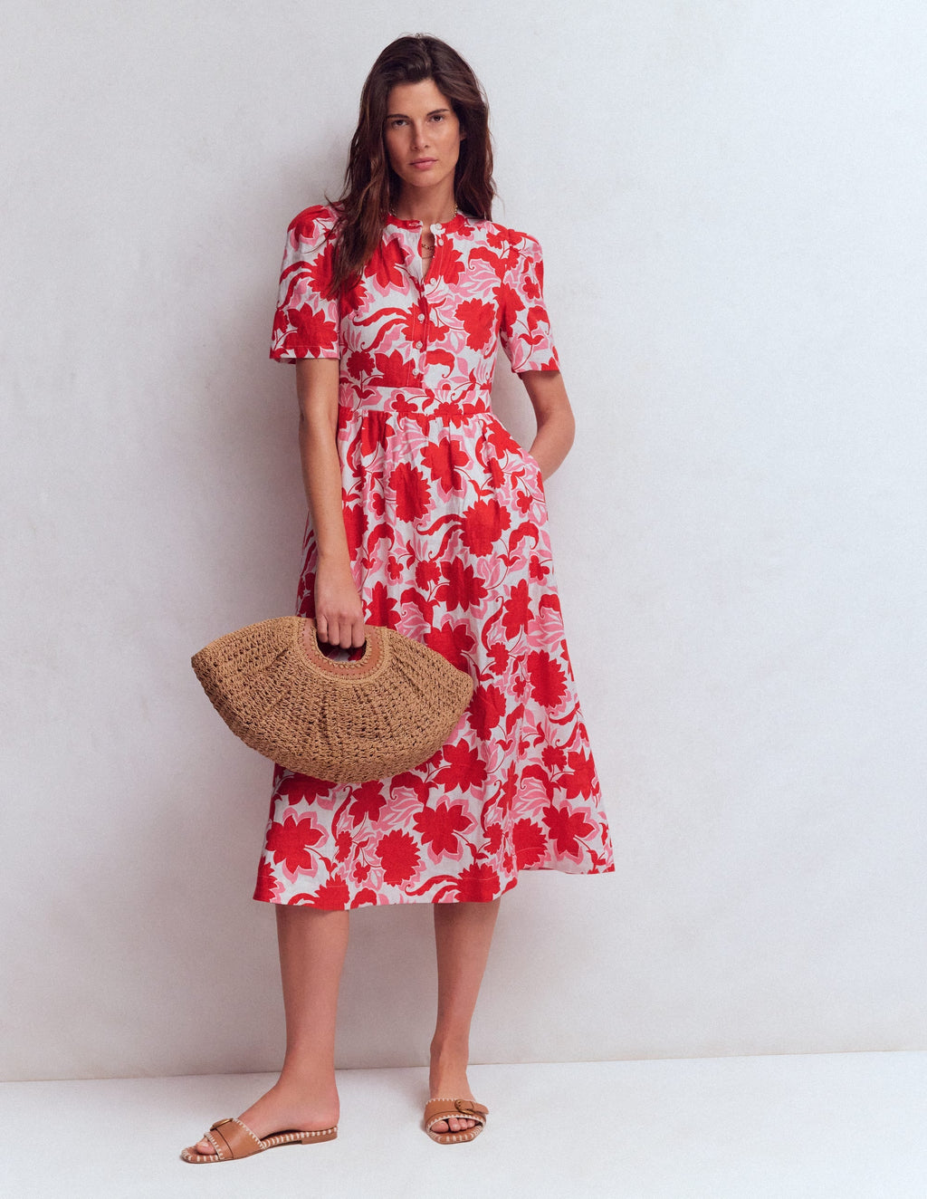 Ivy Placket Linen Midi Dress-Red Shadow Blossom