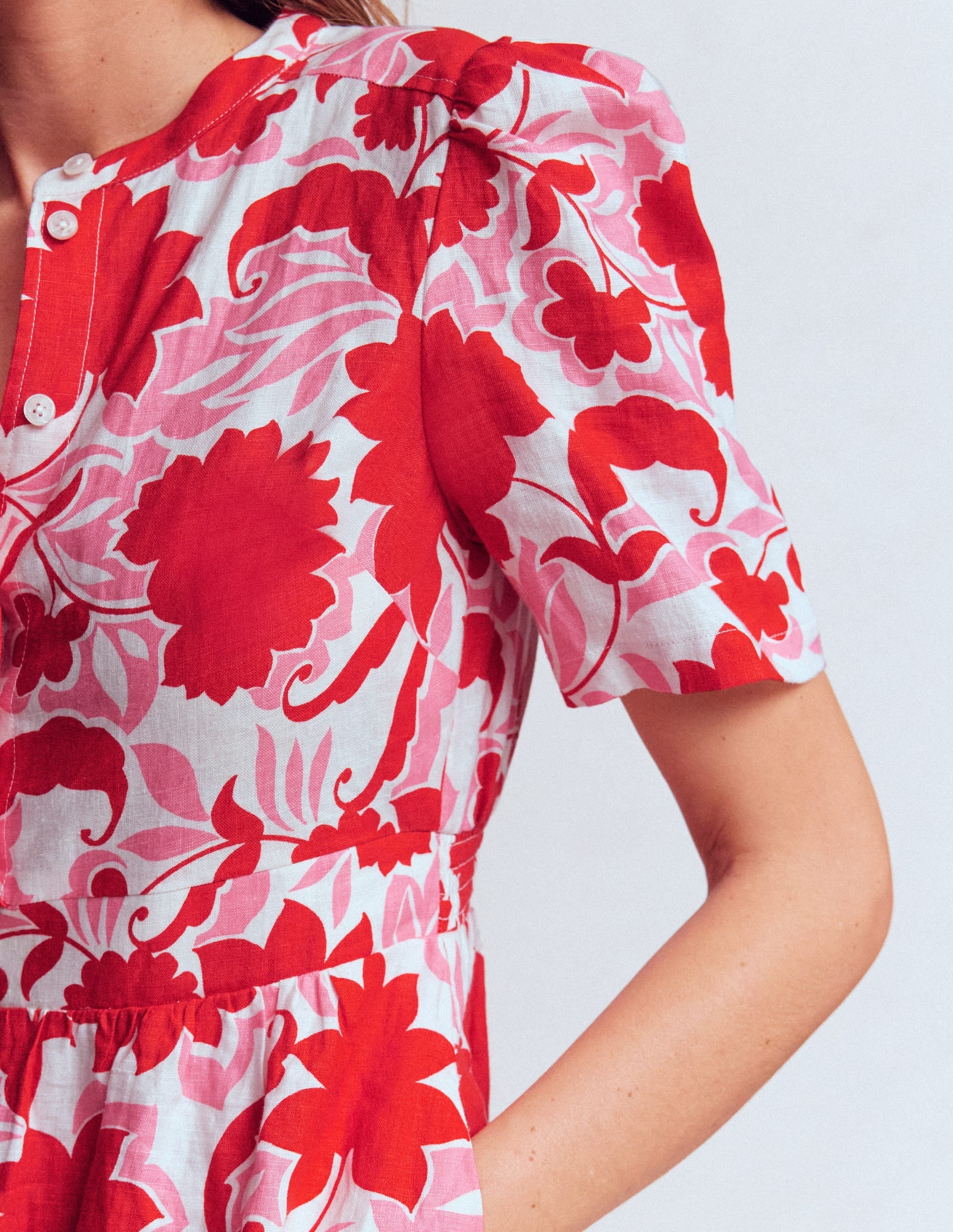 Ivy Placket Linen Midi Dress-Red Shadow Blossom