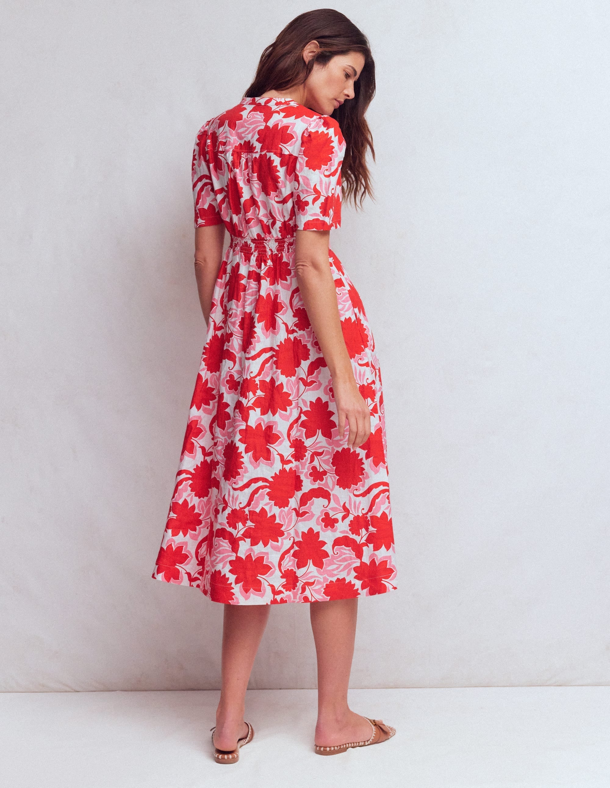 Ivy Placket Linen Midi Dress-Red Shadow Blossom