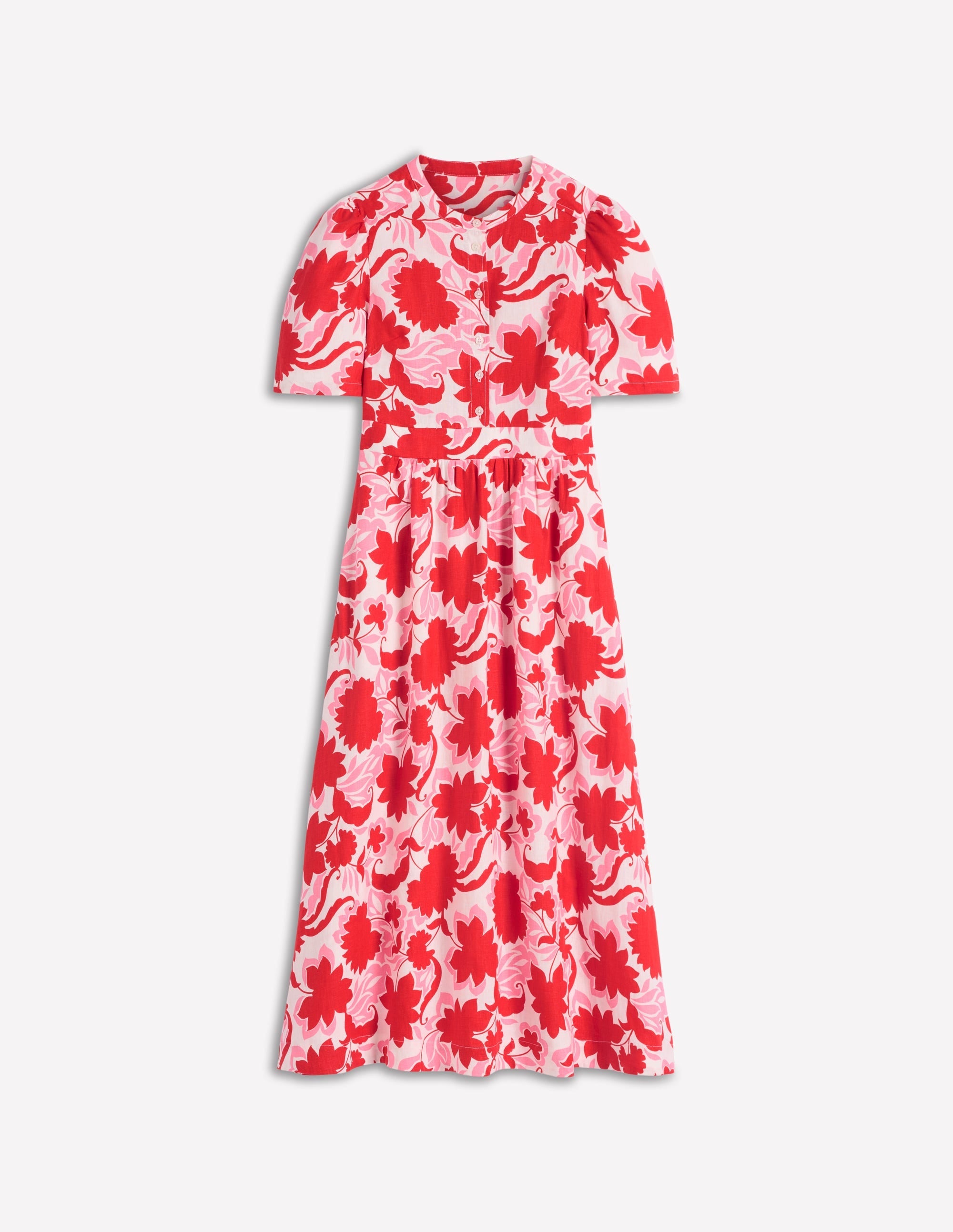 Ivy Placket Linen Midi Dress-Red Shadow Blossom