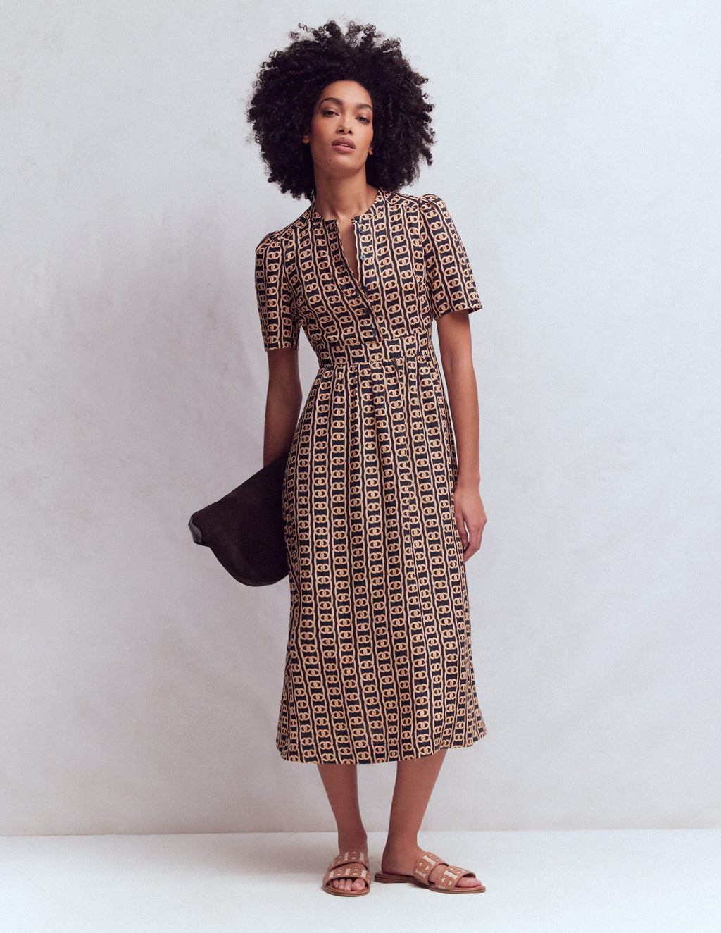 Ivy Placket Linen Midi Dress-French Navy, Rope Trellis