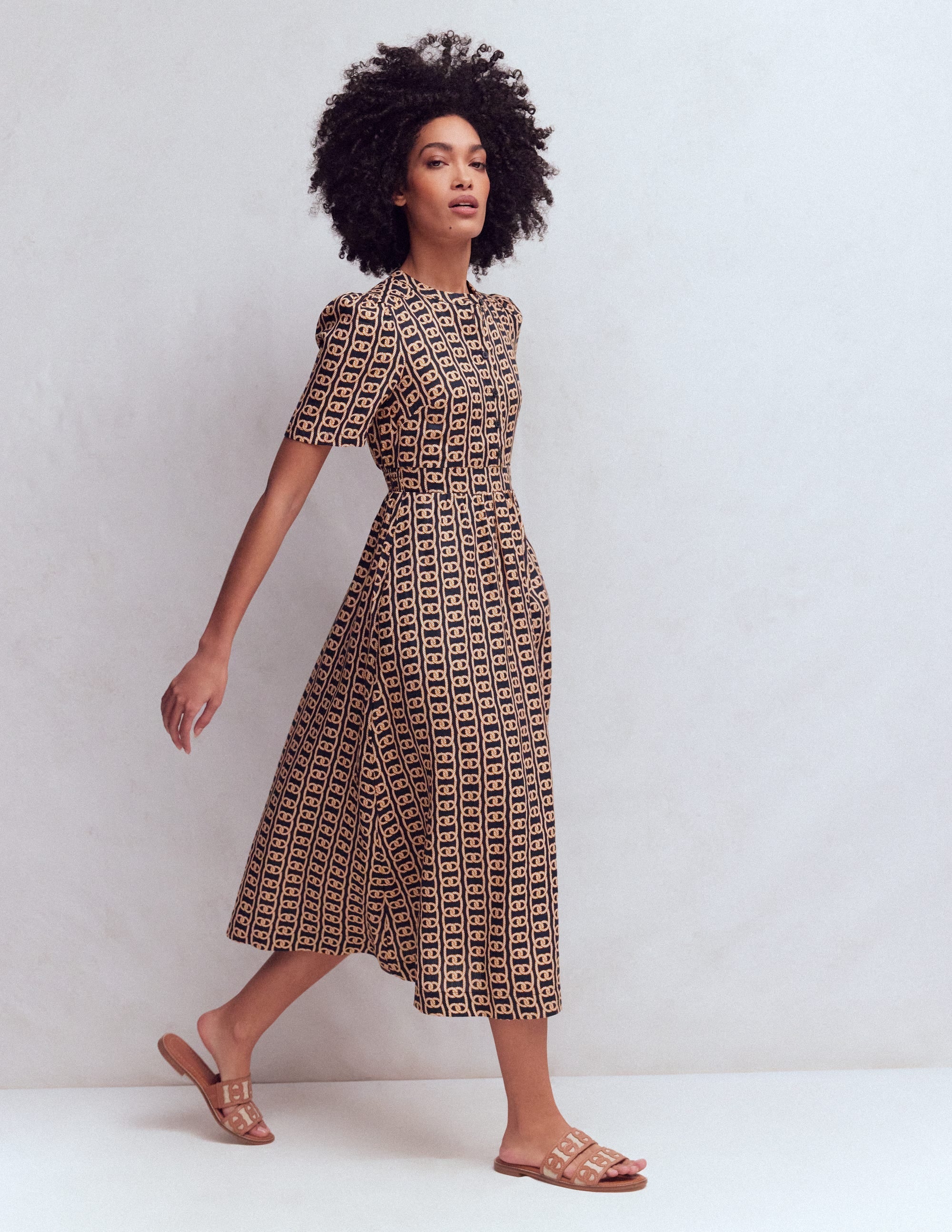 Ivy Placket Linen Midi Dress-French Navy, Rope Trellis