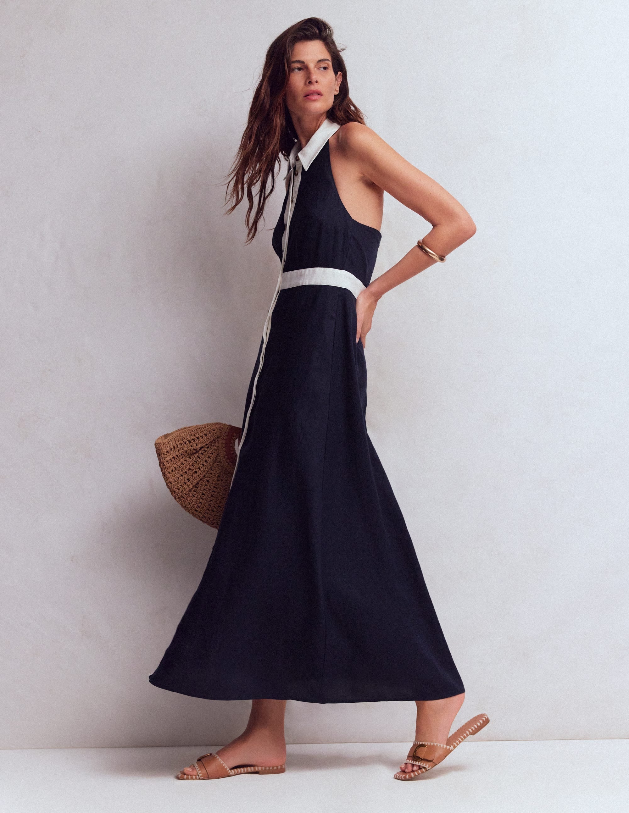 Eva Halter Linen Maxi Dress-Navy Ivory
