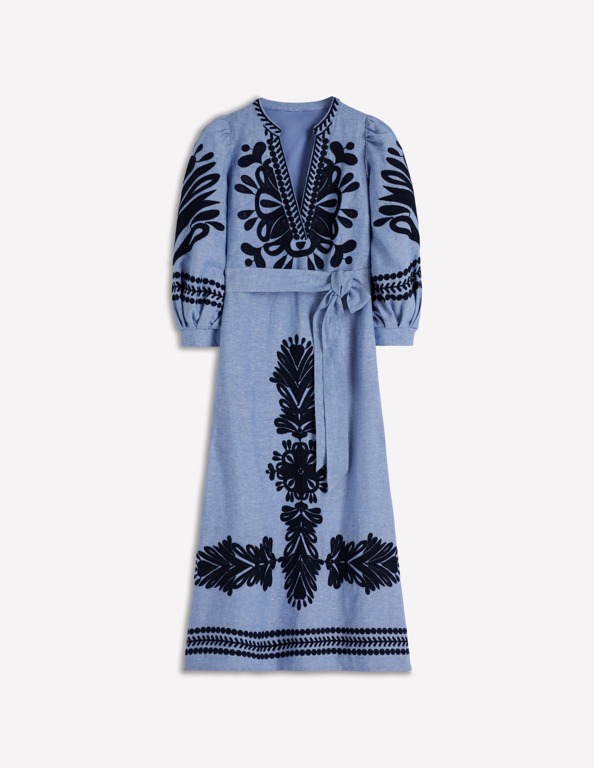 Octavia Linen Blend Dress-Embroidered Chambray