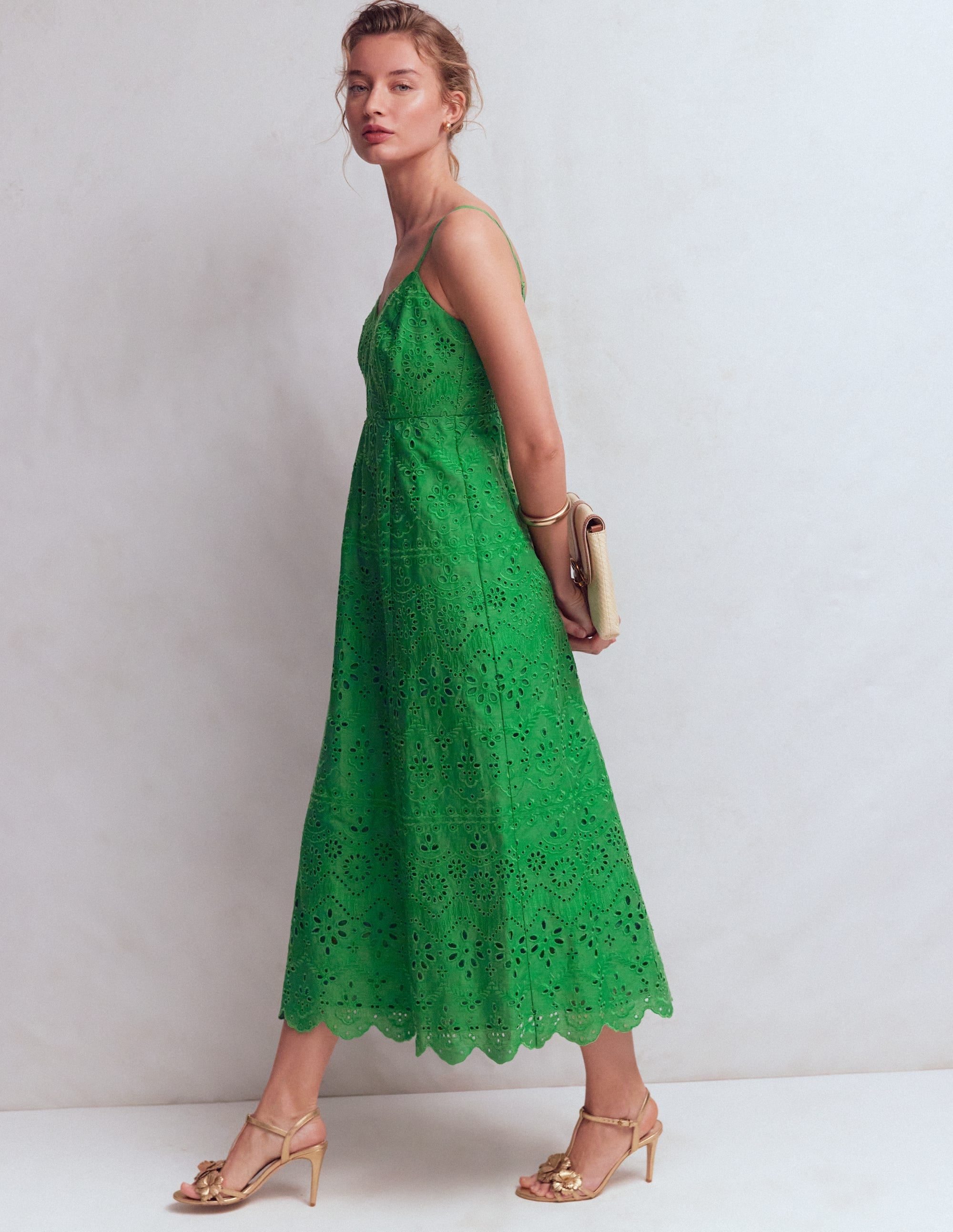 Empire Linen Broderie Dress-Rich Emerald Broderie