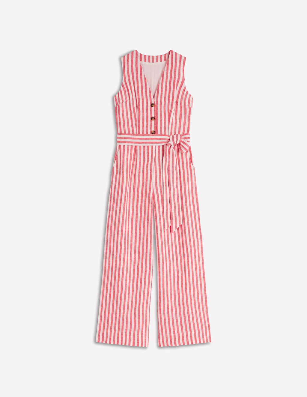 Laura V-neck Linen Jumpsuit-Red, Ivory Stripe